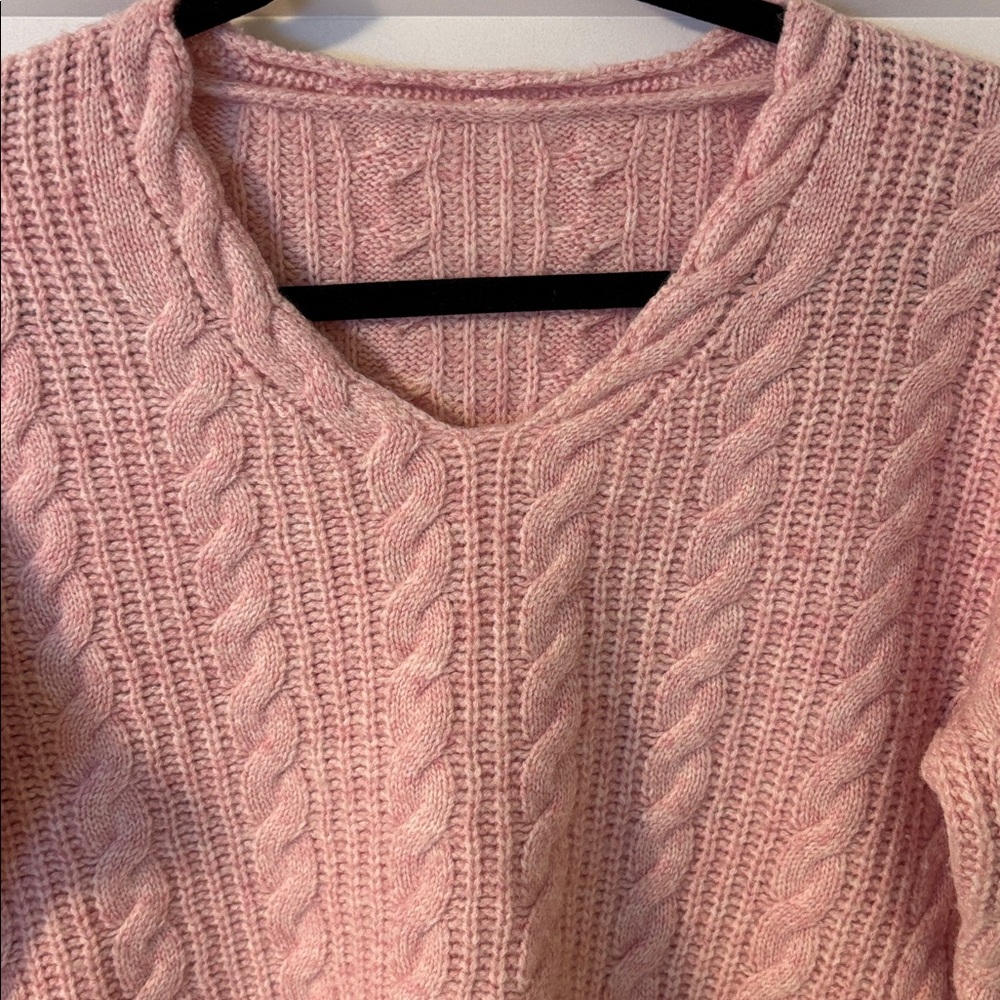 100% Superfine Merino Wool Cableknit Sweater in Light Pink